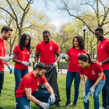 volunteers with red ribbons and gloves cleaning park lawn in springの写真素材