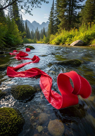 Valentine's day concept. Red ribbon on mountain river.の写真素材