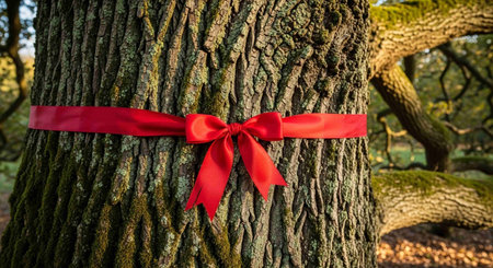 Red ribbon on tree trunk.の写真素材