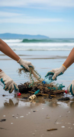 Hands of volunteers collecting plastic waste on the beach in Thailand.の写真素材