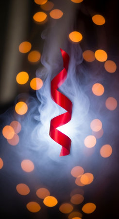 Curly red ribbon on a dark background with bokeh lightsの写真素材