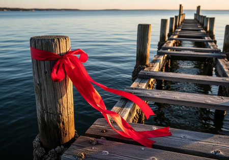 Wooden jetty with a red ribbon tied to the bow.の写真素材