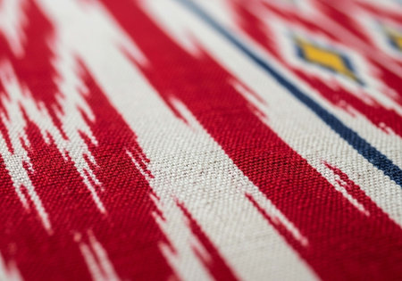 Closeup detail of red and white fabric texture background. Macro photography.