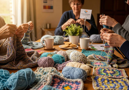 Senior women knitting at home. Selective focus on hands with yarnの写真素材