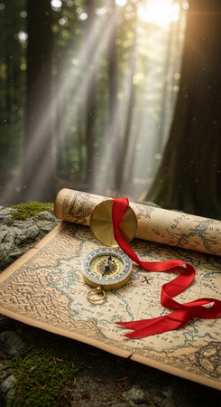 Compass and map on the background of the forest. Travel conceptの写真素材