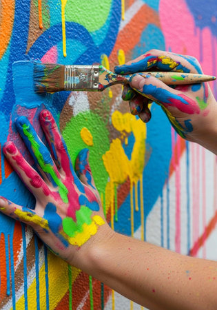 Hands of a young woman painting on a wall with colorful paintの写真素材