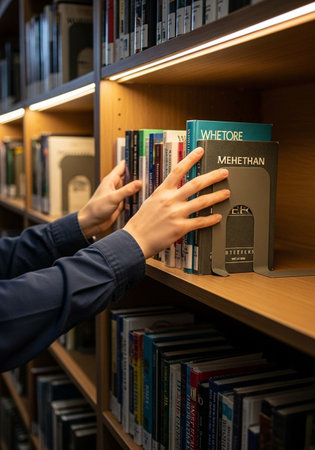 Female student picking a book from a bookshelf in a libraryの写真素材