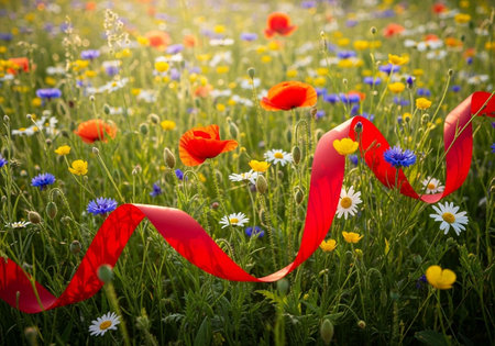 summer meadow with poppies, cornflowers and ribbonsの写真素材