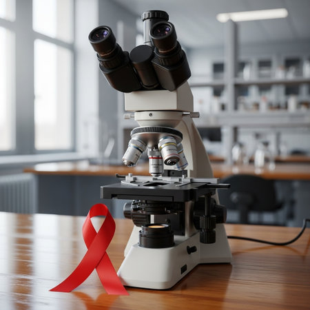 Microscope with red ribbon on table in laboratory. AIDS awareness conceptの写真素材