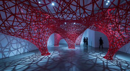 Interior of a modern hall with red neon lights and people silhouettesの写真素材