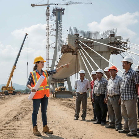 Engineer and Architect working on construction site with bridge in background.