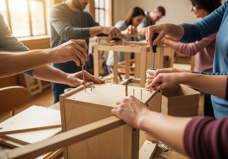 Carpentry workshop. Close up of a group of people working together in a carpentry workshop.の写真素材