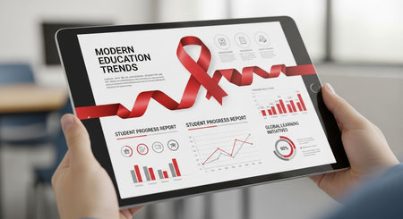 Female hands holding tablet with red ribbon on screen. Breast cancer awareness conceptの写真素材