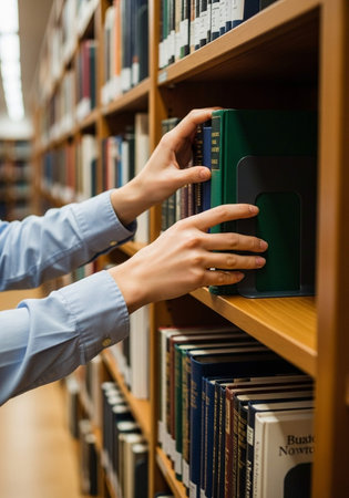 Midsection of female student taking book from bookshelf in libraryの写真素材
