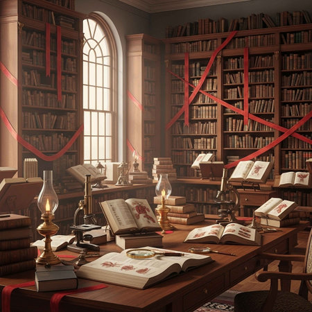 Old library interior with books and candlesticks. 3d renderの写真素材