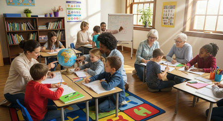 High angle view of multiethnic group of preschoolers and teachers in classroom