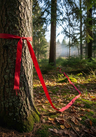 Red ribbon tied to a tree in the forest with fog in the backgroundの写真素材