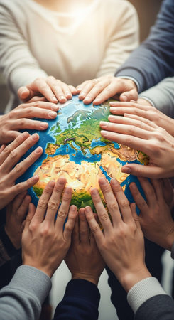 Hands of diverse people holding Earth globe in front of their headsの写真素材