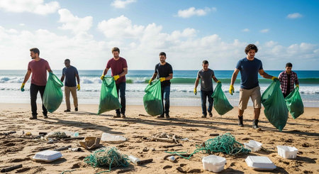 Team of volunteers collecting rubbish on the beach during a sunny day.の写真素材