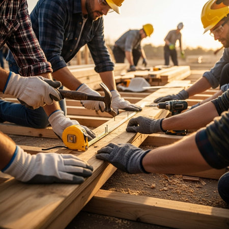 Group of carpenters working on a construction site. Construction industry.の写真素材