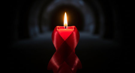 Burning candle with red ribbon on dark background, 3D renderingの写真素材