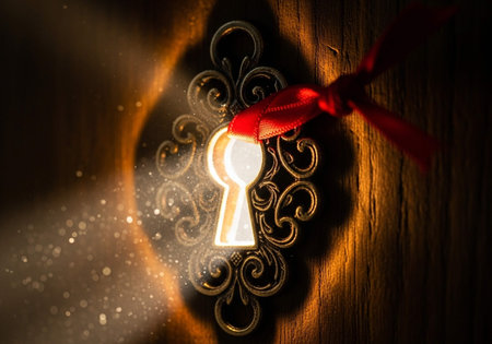 Keyhole with red ribbon on wooden background. Keyhole concept.