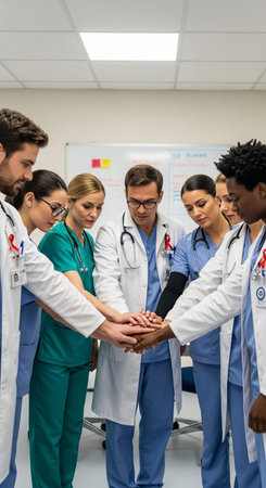 Multiethnic team of doctors and nurses stacking hands in a hospitalの写真素材