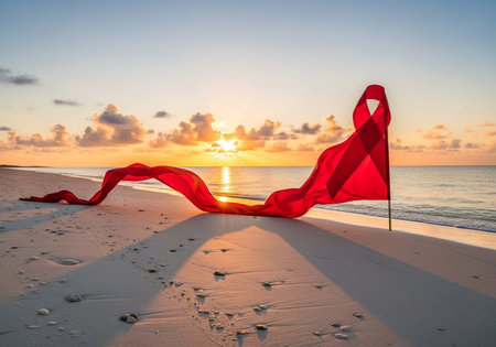 Red fabric blowing in the wind on the beach with sunset background.の写真素材