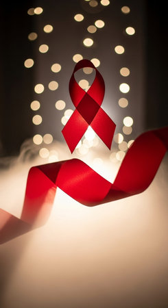 Red ribbon symbol of World Aids Day on bokeh backgroundの写真素材