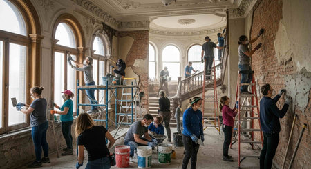 Unidentified people paint the interior of the building