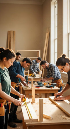 Group of Asian carpenters working together in a woodwork workshopの写真素材