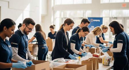 Group of volunteers in uniform collecting food from cardboard boxes