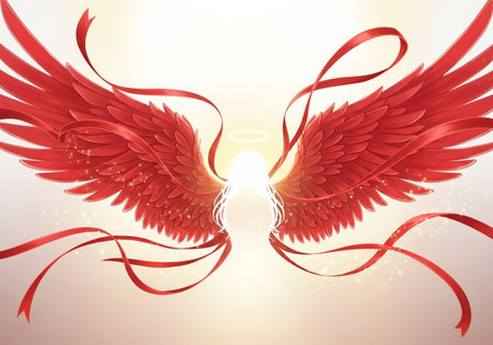 Angel wings with red ribbons on light background. Vector illustration.の写真素材