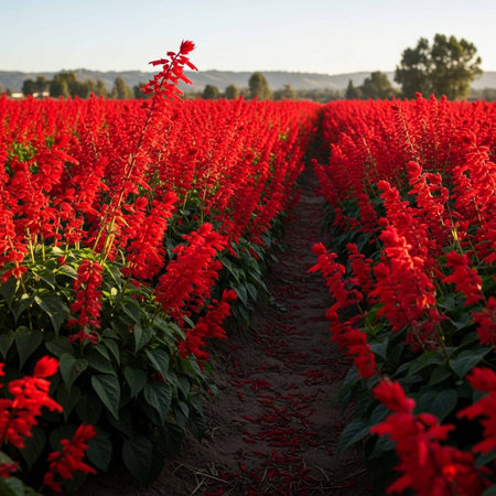 Red salvia flowers in a field in the sunset light, Spainの写真素材