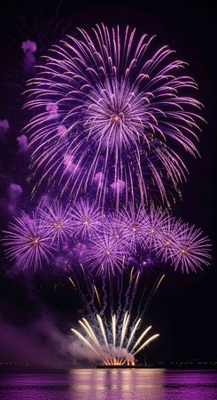 Colorful fireworks of various colors over night sky with reflection on waterの写真素材