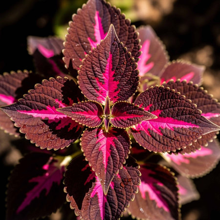 Close up of coleus plant leaves, red and purple leaves.の写真素材