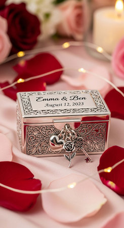 wedding rings on a table with rose petals and candles