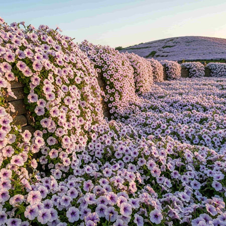 Sunset over the purple flowers of Petunia hybrida.の写真素材