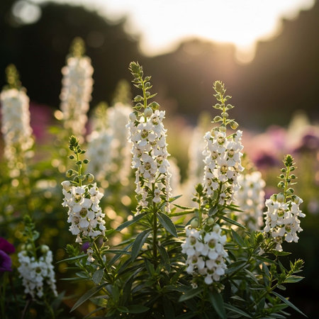 White flowers in the garden at sunset. Beautiful natural background with copy space.の写真素材