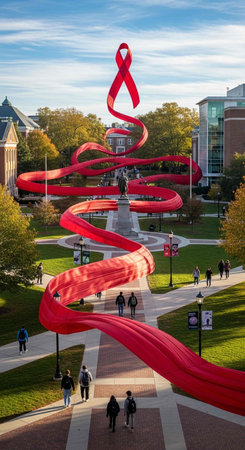 Red ribbon on the campus of Boston University.