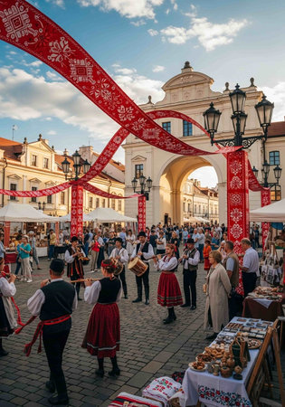Unidentified people in traditional clothes at the medieval marketの写真素材