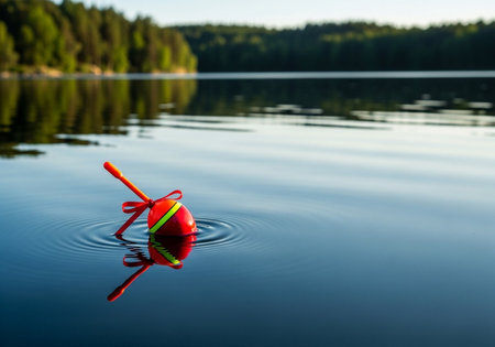 Fishing float on the surface of the lake with a forest in the backgroundの写真素材
