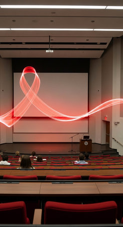Conference room with red and black chairs and light trails on the wall
