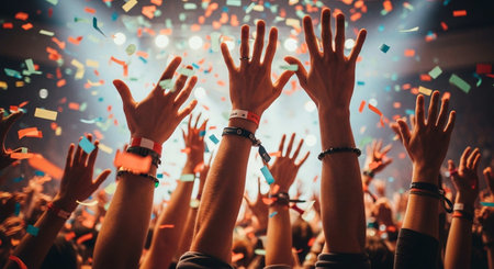 Crowd of people with hands raised at a music festival - Imageの写真素材