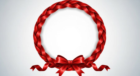 Wreath of red ribbons with a bow on a white backgroundの写真素材