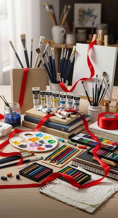 Painting supplies on wooden table in art studio. Concept of creativity