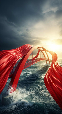 Conceptual 3D illustration of Golden Gate Bridge over the Pacific Ocean at sunsetの写真素材