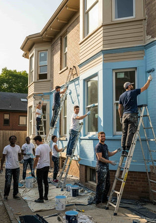 Group of construction workers painting a wall with a paint roller in a new houseの写真素材