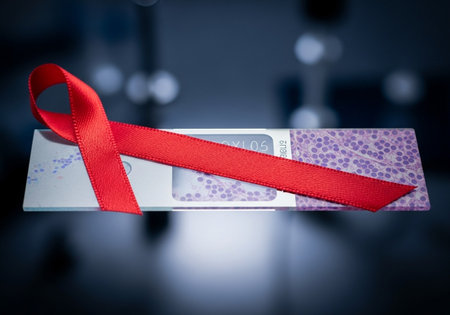 Red ribbon on a gift card. A symbol of World AIDS Day.の写真素材
