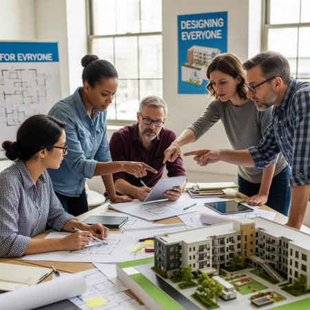 Architects working on blueprint at desk in office. Architect conceptの写真素材